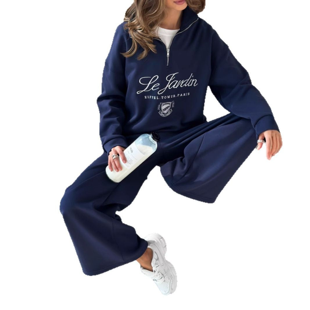 Embroidered Sweater Women's White Half Zipper Profile Suit