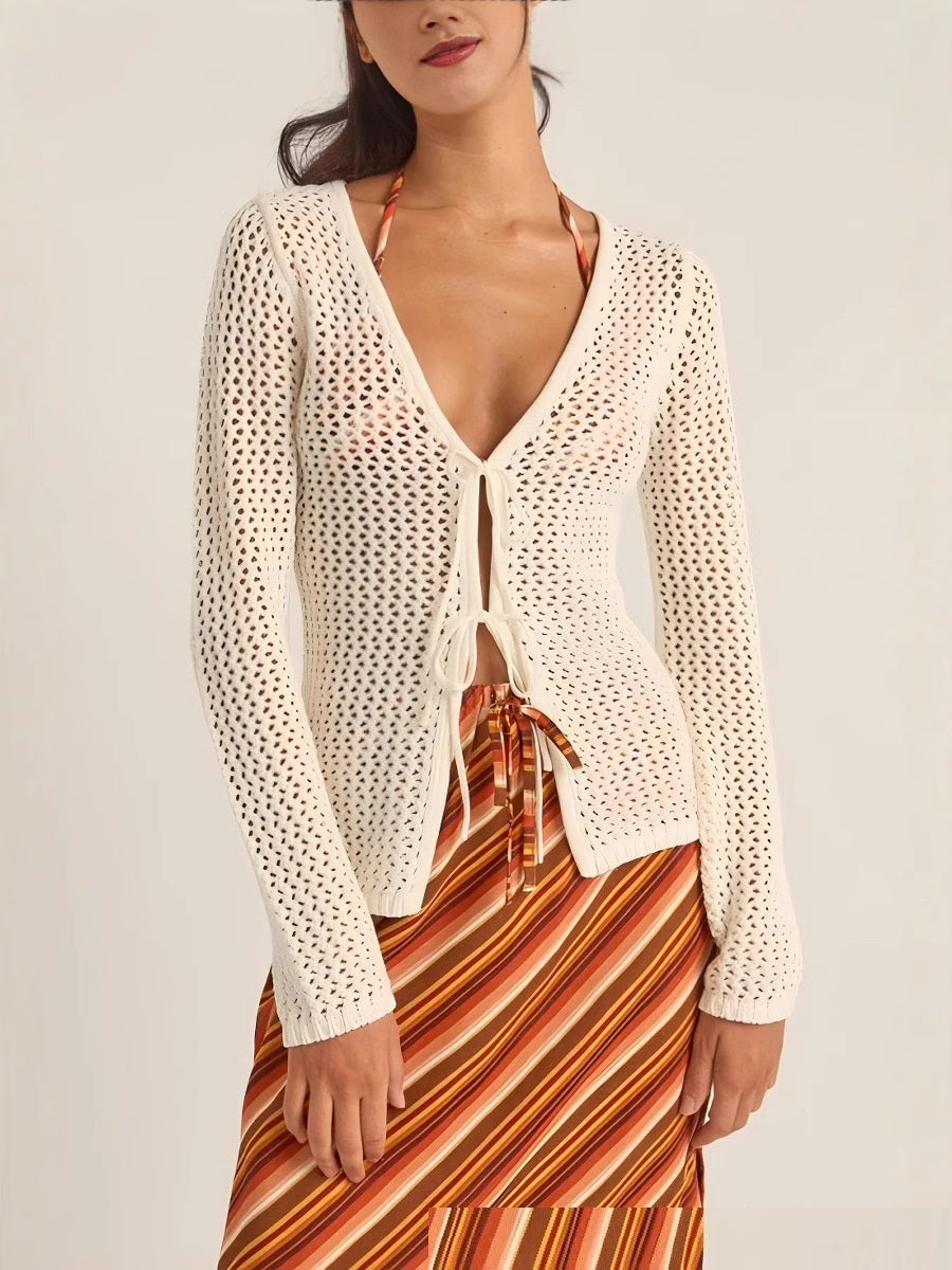 European And American Fashion Casual Hollow Out Outer Wear Low-necked Sexy Lace-up Cardigan