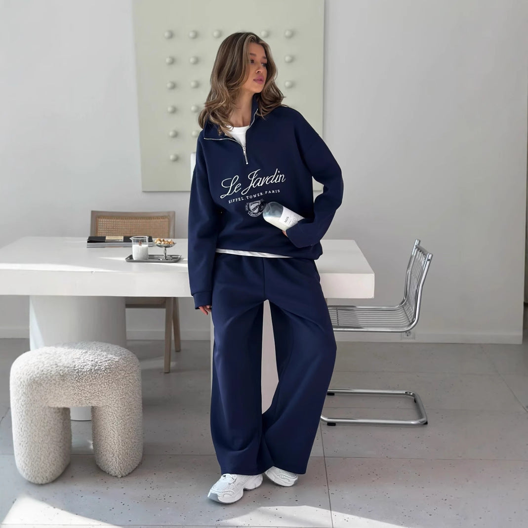 Embroidered Sweater Women's White Half Zipper Profile Suit