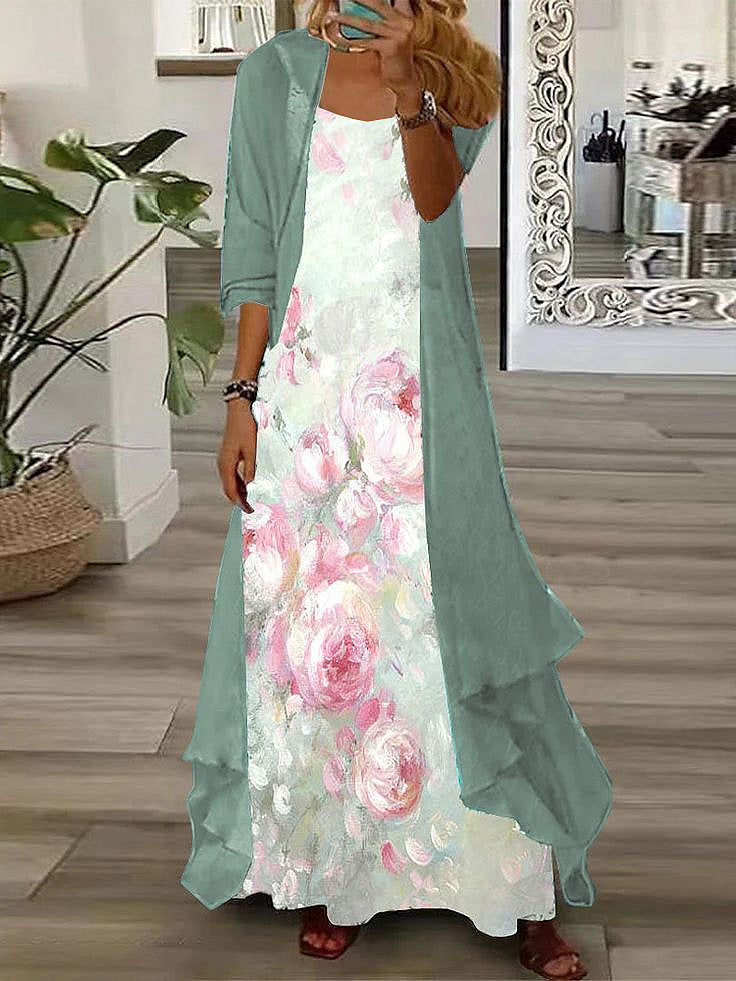 Long Sleeve Loose Floral Totem Two-piece Dress
