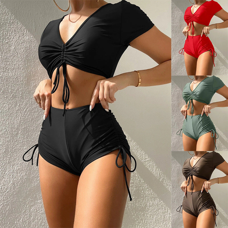 Swimsuit Women's Solid Color Sexy Short Sleeve Swimwear