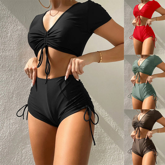Swimsuit Women's Solid Color Sexy Short Sleeve Swimwear