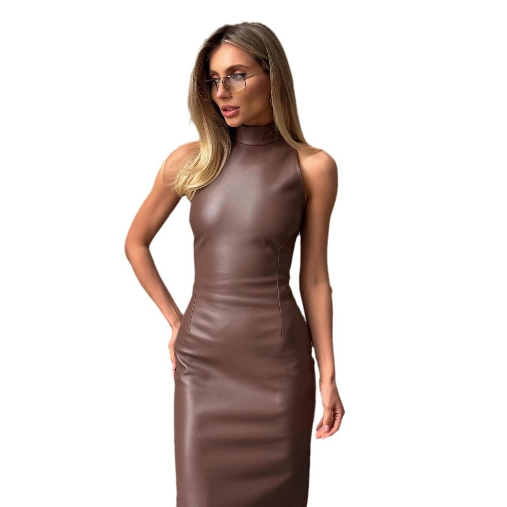 Sleeveless Stand Collar Temperament Split Slim-fit Solid Color Dress