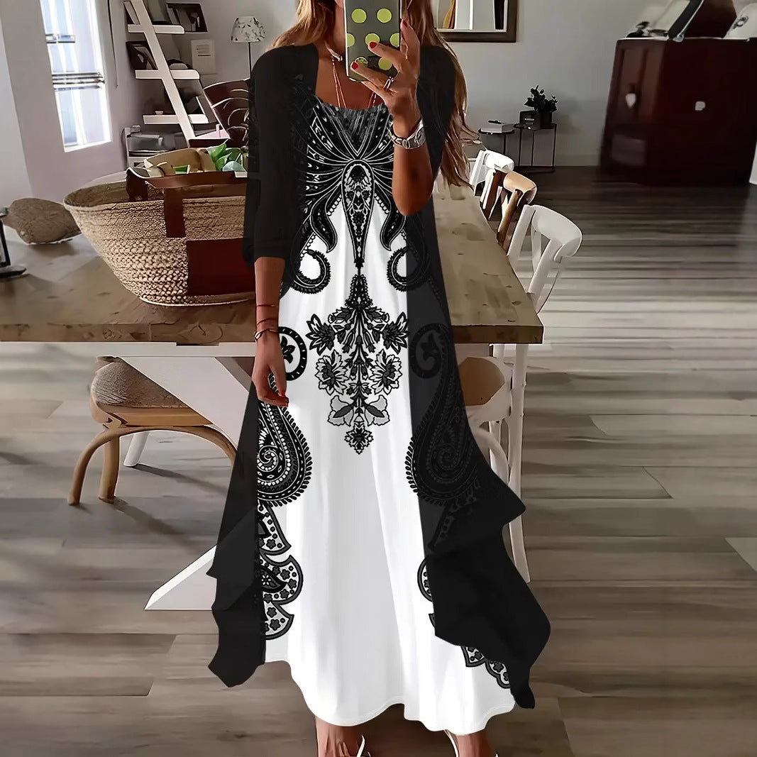 Long Sleeve Loose Floral Totem Two-piece Dress