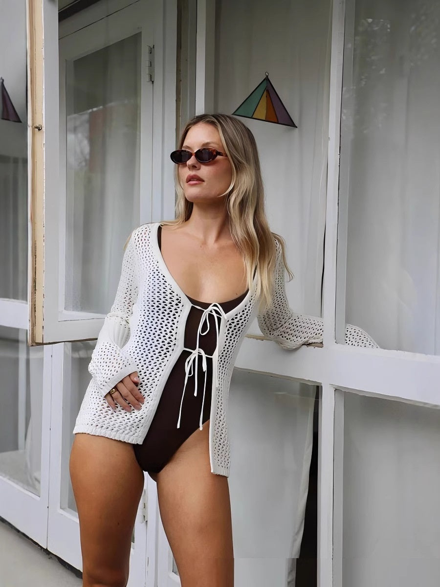 European And American Fashion Casual Hollow Out Outer Wear Low-necked Sexy Lace-up Cardigan